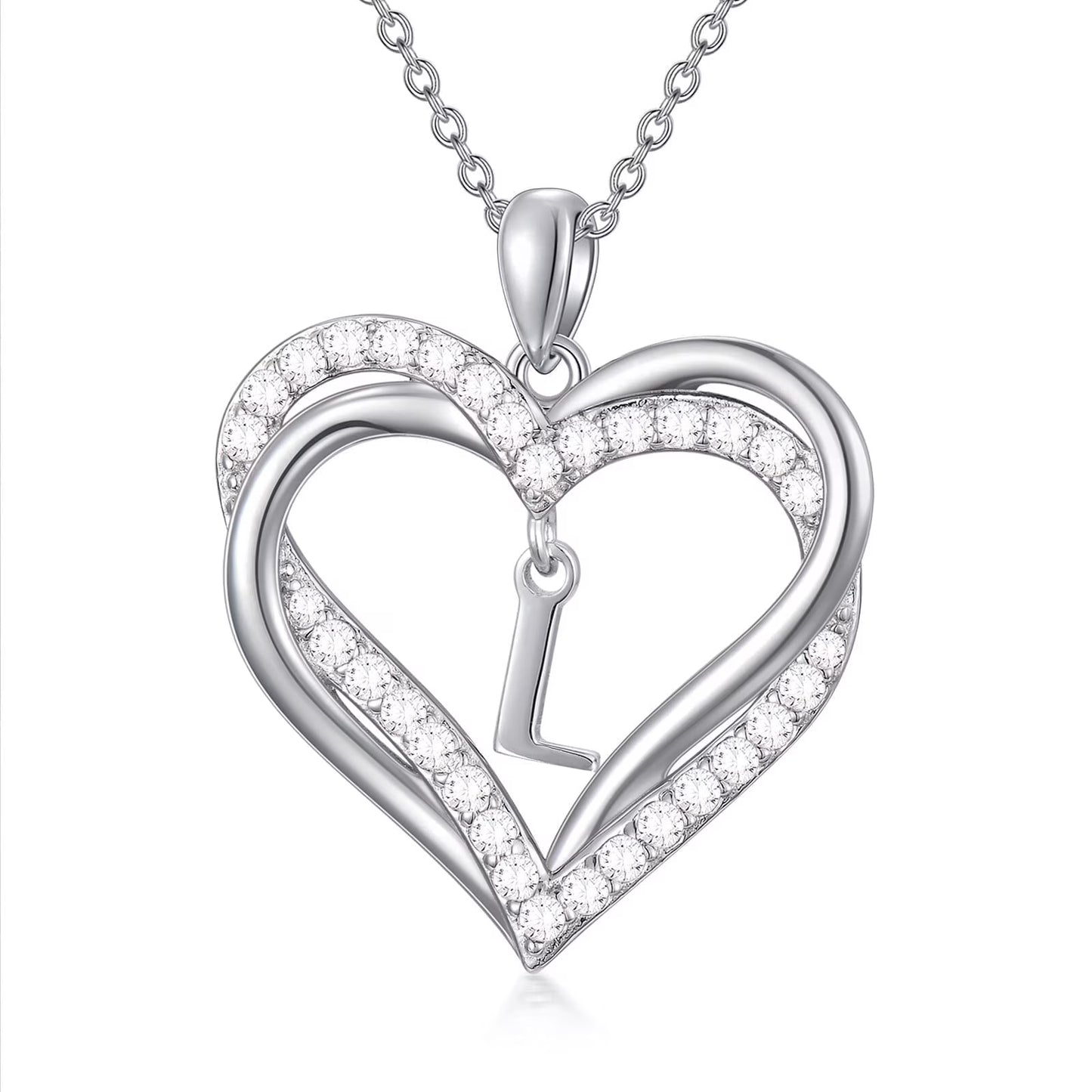 Double Heart Initial L Necklace S925 Sterling Silver Dainty Alphabet Pendant Jewelry Birthday Anniversary Mothers Valentines Day Gifts for Women