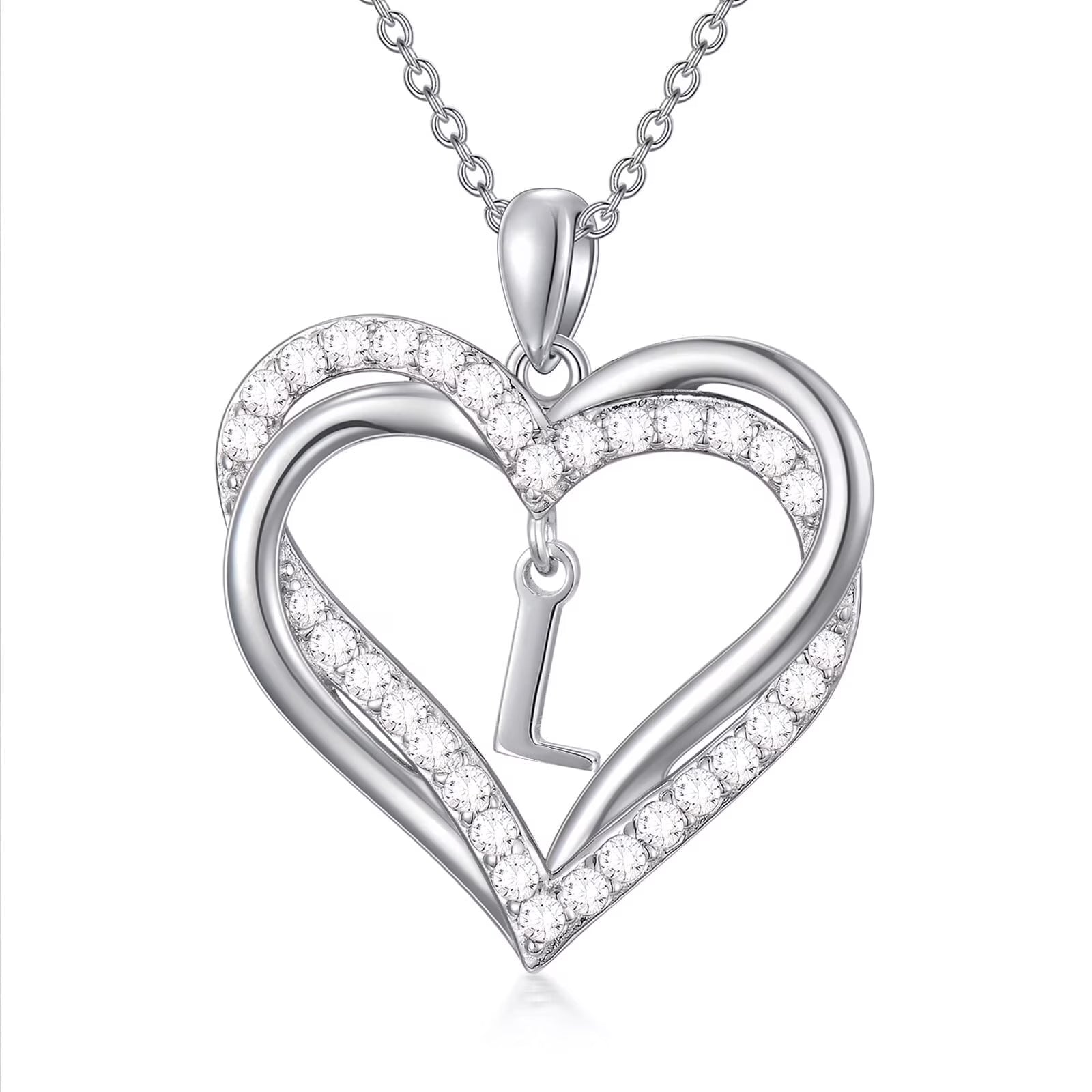 Double Heart Initial L Necklace S925 Sterling Silver Dainty Alphabet Pendant Jewelry Birthday Anniversary Mothers Valentines Day Gifts for Women
