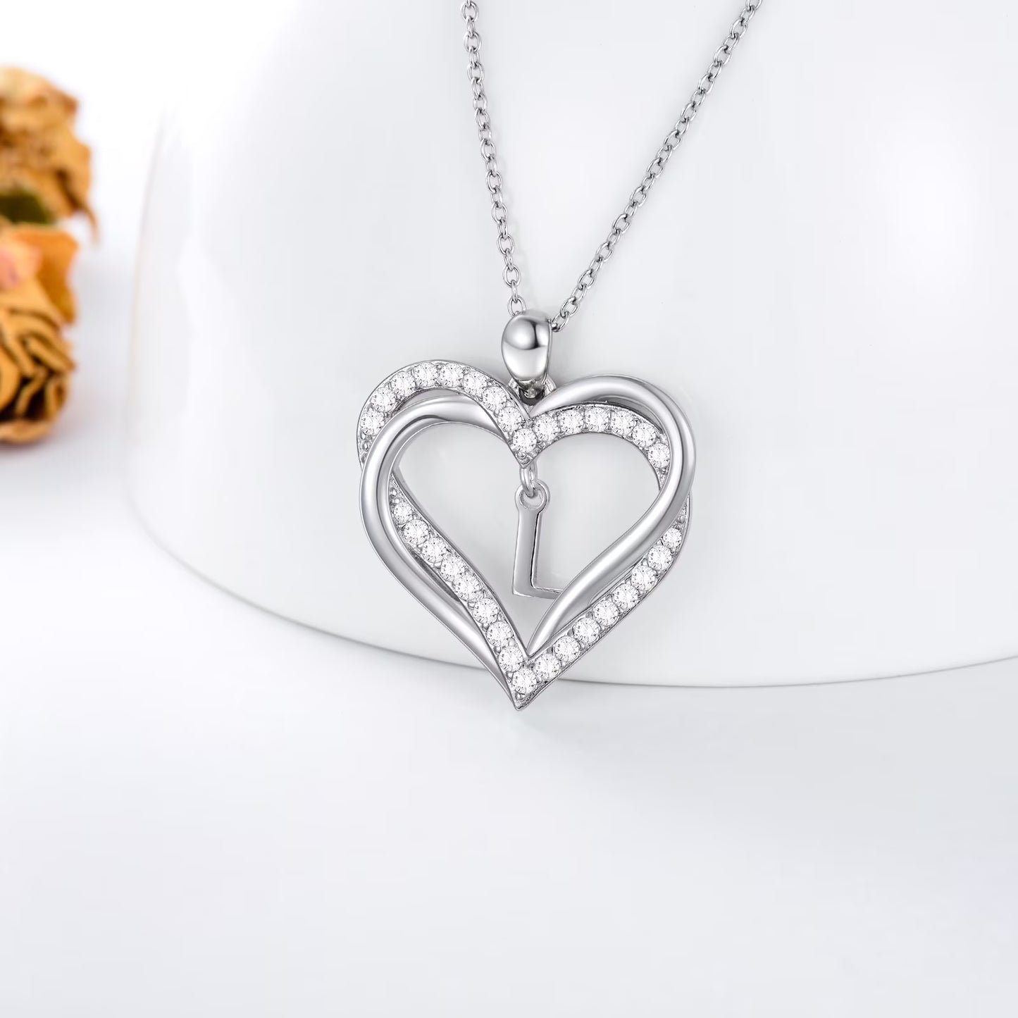 Double Heart Initial L Necklace S925 Sterling Silver Dainty Alphabet Pendant Jewelry Birthday Anniversary Mothers Valentines Day Gifts for Women