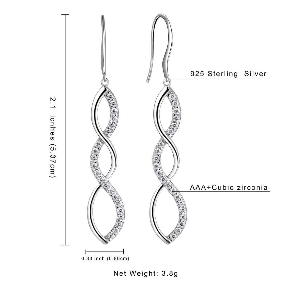 925 Sterling Silver Women Earrings Twist Infinity Long Dangle Earrings Drop Hanging Hook Jewelry Mother Wife Christmas Valentine'S Day Gift for Her
